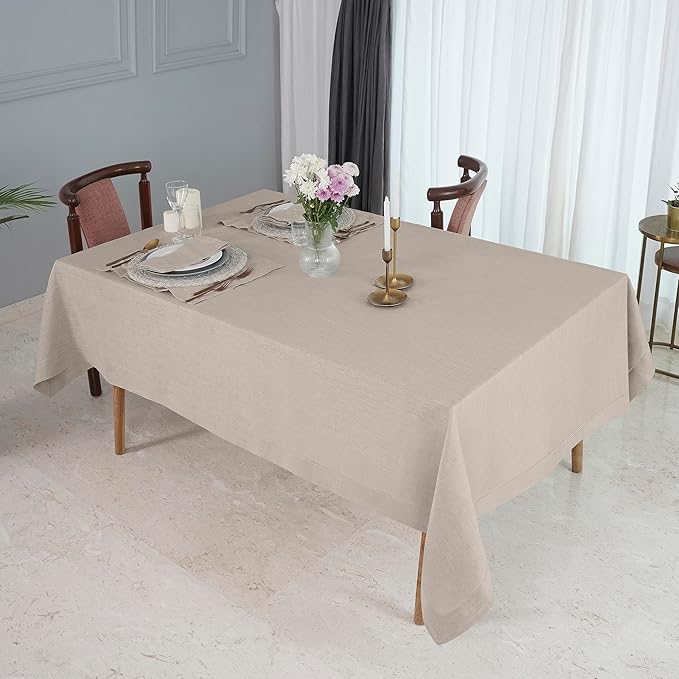 D'Moksha Homes Natural Linen Tablecloth for Rectangle Tables 60 x 90 Inch - 100% Pure Linen Natural Table Cloth - Classic Hemstitch, Machine Washable Tablecloth for Summer, Fall and Halloween