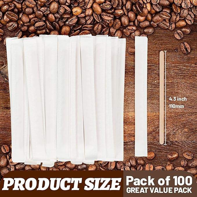 ANTETOK 100Pcs Wooden Coffee Stirrers Paper Wrapped 4.3Inch,Individually Wrapped Disposable Coffee Stir Sticks for Coffee,Tea,Cocktail and Hot Chocolate