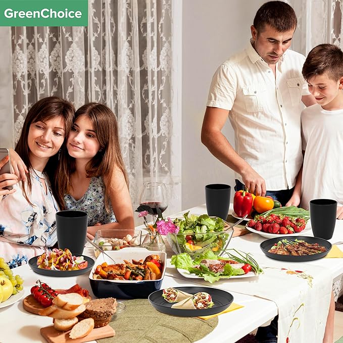 Wheat Straw Dinnerware Sets for 4 - GreenChoice Lightweight & Unbreakable Dishes Microwave & Dishwasher Safe Perfect for Camping, Picnic, RV, Dorm Plates, Cups and Bowls (Black)