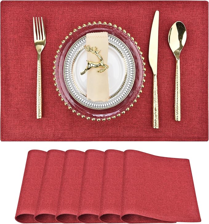 Red Christmas Placemats Set of 6 - Festive Easy to Clean Linen-Style Fabric Table Mats - Machine Washable & Heat Resistant Non-Slip Design for Thanksgiving and Holiday Dining (Wine Red, 6)