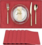 Red Christmas Placemats Set of 6 - Festive Easy to Clean Linen-Style Fabric Table Mats - Machine Washable & Heat Resistant Non-Slip Design for Thanksgiving and Holiday Dining (Wine Red, 6)