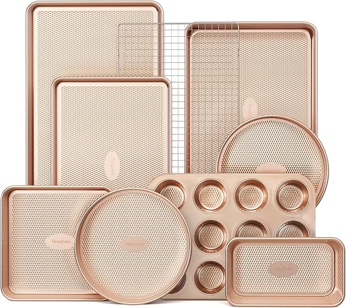 HONGBAKE 9-Piece Baking Pans Set Nonstick, Stackable Non Toxic Bakeware Sets with Diamond Texture, Oven Pan Set for Cooking, Includes Cookie Sheet with Rack, Cake Pan, Roasting Pan, Muffin Tin, Gold