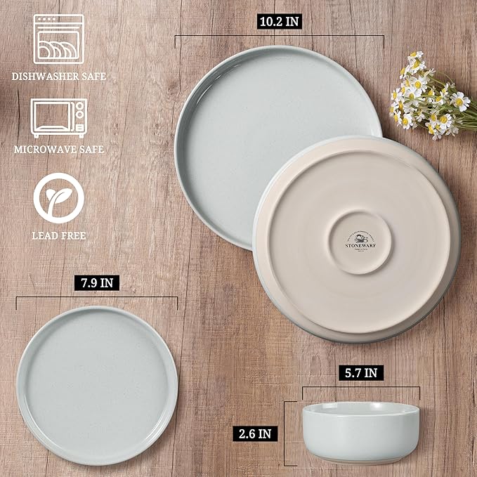 HaWare Stoneware Dinnerware Sets, 18-Piece Plates and Bowls Set for 6, Dishes Set for Home Restaurant, Speckled Misty Grey