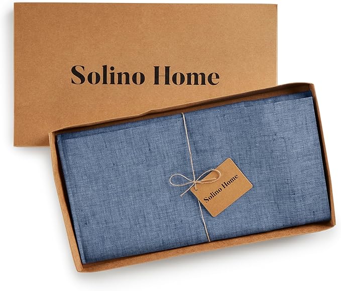 Solino Home Linen Cloth Tablecloth 52 x 52 Inch - 100% Pure Linen Blue Denim Square Tablecloth - Athena, Machine Washable Table Throw for Summer