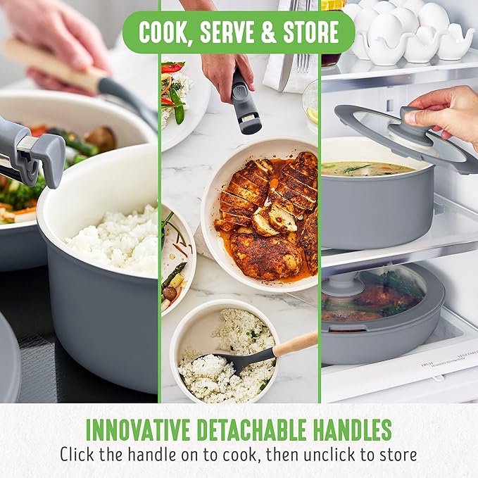 GreenLife 10 Piece Nonstick Pots & Pans Set, Detachable Handle & Stackable Cookware Set, Non Toxic PFAS-Free Skillets, Induction Kitchen Pans, Space Saving, Serving Bowls, Oven Safe, Graphite