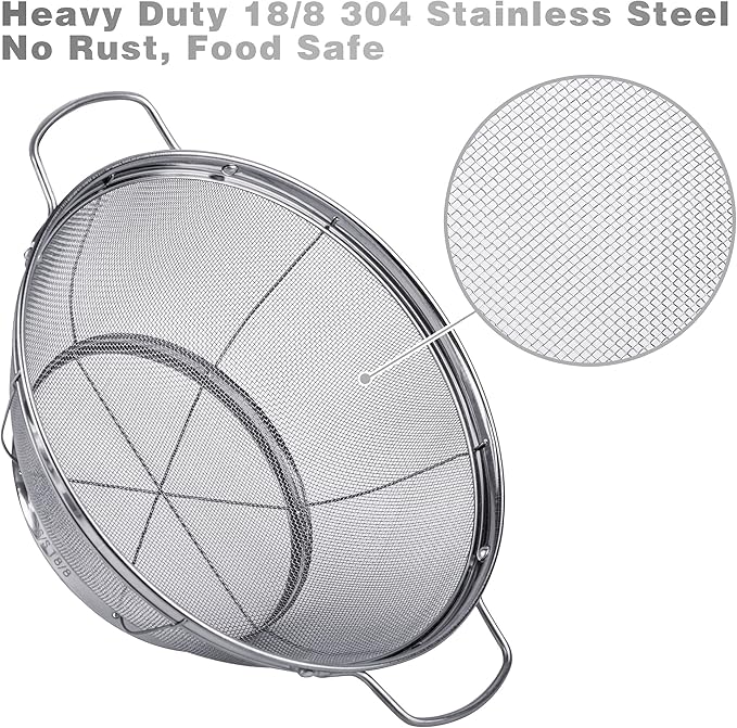 3 Pack 18/8 Stainless Steel Colander Sieves(5-Quart, 4-Quart and 3-Quart), Mesh Strainer Net Baskets with Handles & Resting Base for Strain, Drain, Rinse or Steam