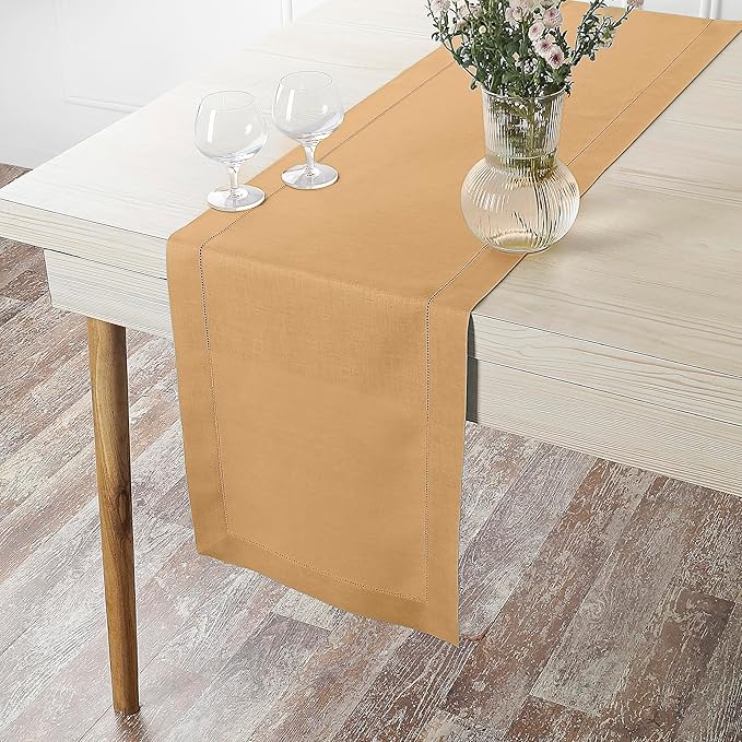 D'Moksha Homes Linen Beige Table Runner 84 Inches Long - 100% Pure Linen Table Runner 14 x 84 Inch for Summer, Fall and Halloween - Classic Hemstitch