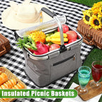 35L Large Insulated Picnic Basket with Blankets Kit Shopping Basket Cooler Bag Leakproof Collapsible Portable Suitable for Picnic Camping Work Hiking Food Delivery Gifts (Grey)
