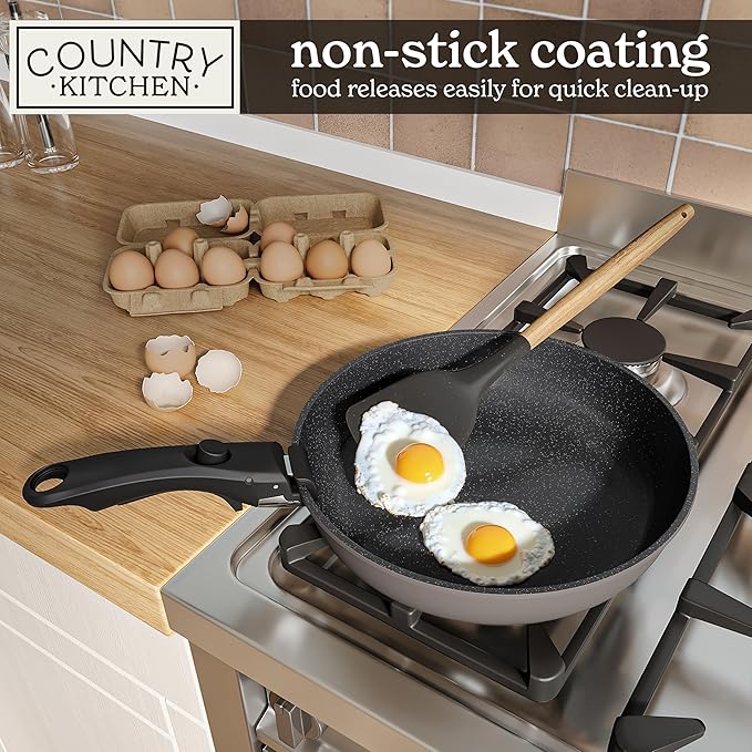 Country Kitchen Cookware Set with Removable Handle, Oven & RV Safe Pots and Pans Set, Grey/Black, Original