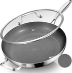 Inqibee 14-Inch Tri-Ply Hybrid Ceramic Non stick Stainless Steel Frying Pan with Lid,Large Skillet,Induction Chef's Cooking Pan,Dishwasher and Oven Safe,Detachable Handle
