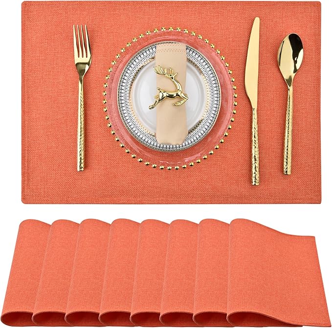 Orange Cloth Placemats Set of 8 - Easy to Clean Linen Type Fabric Table Placemats - Machine Washable & Heat Resistant Non-Slip Table Mats for Holiday Dining (Orange, 8)