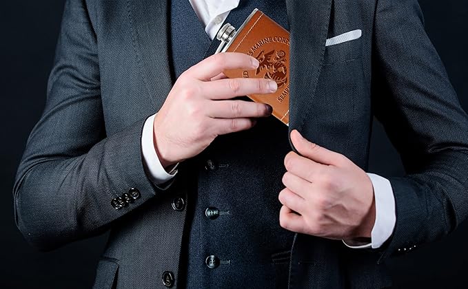 Leather USMC 8 oz Flask | Stainless Steel | USMC Leather Flask