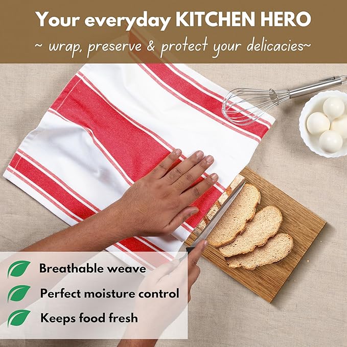 Native Fab Red Striped Kitchen Towels 18"x28", Set of 4, Wide Stripe, Highly Absorbent, Fast Dry, 100% Cotton Towels for Hand Drying, Counter Cleaning, Dish & Glassware Drying, Wash Rags - Red