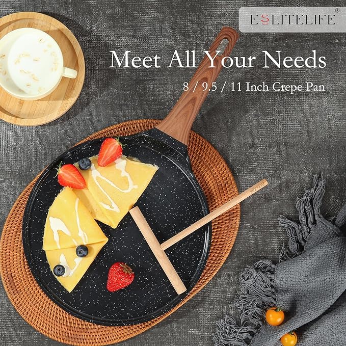 ESLITE LIFE 9.5 Inch Crepe Pan with Spreader, Nonstick Ceramic Flat Skillet Dosa Tawa Comales Para Tortillas Pancake Pan, PTFE & PFOA Free, Black