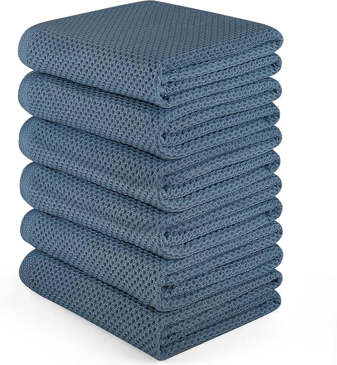 Large Kitchen Hand Towels,6 Pack Cotton Waffle Weave Dish Towel for Drying, Cleaning Cloth for Kitchen Dishes - Extra Absorbent and Soft - 16 x 28 inch (Blue Gray-6 Pack)