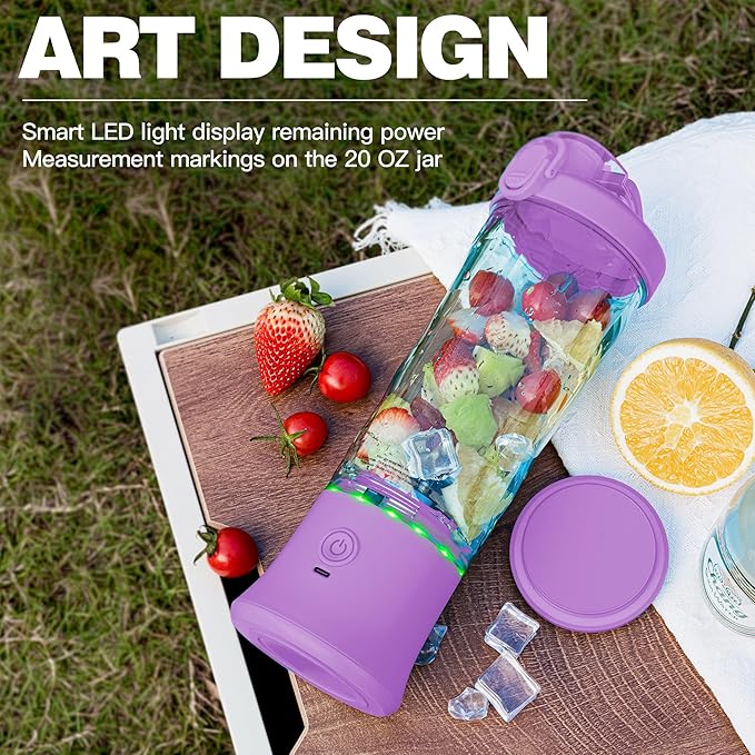 Portable Blender,270 Watt for Shakes and Smoothies Waterproof USB Rechargeable with 20 oz BPA Free a Travel Lid. (Purple, 20 oz)