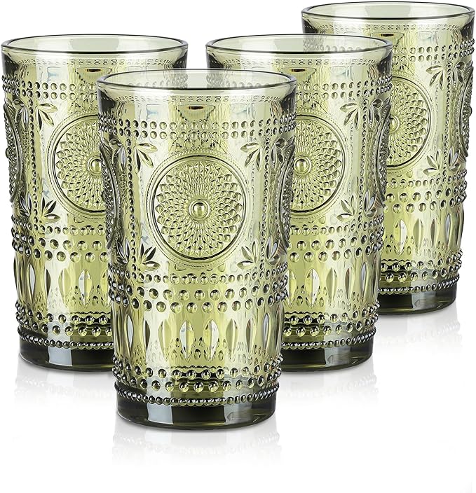 Joeyan Green Vintage Drinking Glasses,Embossed Boho Sunflower Highball Water Glass Tumbler,14 oz Colored Beaded Glassware for Beverages Juice Whisky Cocktail Beer Wine Milk of 4,Dishwasher Safe