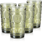 Joeyan Green Vintage Drinking Glasses,Embossed Boho Sunflower Highball Water Glass Tumbler,14 oz Colored Beaded Glassware for Beverages Juice Whisky Cocktail Beer Wine Milk of 4,Dishwasher Safe