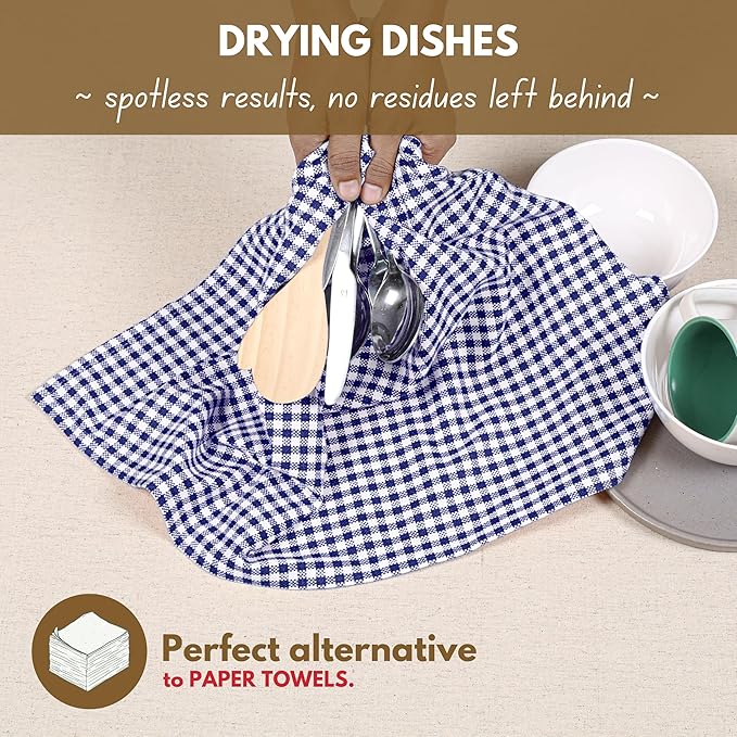 Native Fab 6 Pack Gingham Mini Check Kitchen Hand Towels Set 16"x26" - 100% Cotton Absorbent Reusable Wash Cloths - Quick Drying Dish Towels with Hanging Loops for Kitchen, Blue White