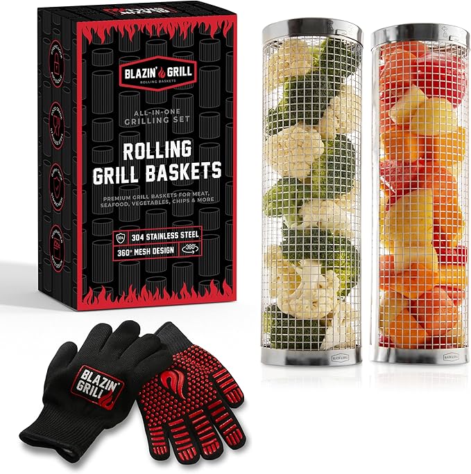 BLAZIN' GRILL Rolling Grill Basket | 2 x Grilling Basket & Smoker Accessories | Grill Baskets for Outdoor Grill with BBQ Gloves | Barbecue Grill baskets for Vegetables, Seafood & Meat