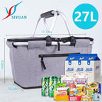 Picnic Basket, SIYUAN Collapsible Shopping Basket Insulated with 2 Handles 27L Large Cooler with Lid Portable Folding Grocery Market Tote Bag, Grey