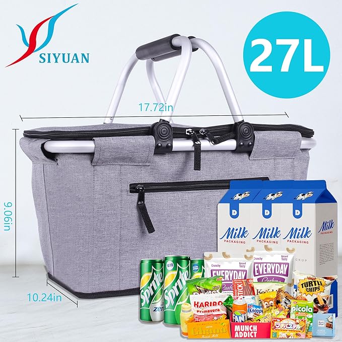 Picnic Basket, SIYUAN Collapsible Shopping Basket Insulated with 2 Handles 27L Large Cooler with Lid Portable Folding Grocery Market Tote Bag, Grey