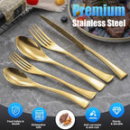 Lemeya 20-Piece Gold Silverware Set for 4,Heavy Duty 18/10 Stainless Steel Cutlery Set with Forged Stand Knife,Modern Flatware Utensils Set,Forks Spoons and Knives Set,Mirror Polished,Dishwasher Safe