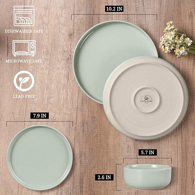 HaWare Stoneware Dinnerware Sets, 24-Piece Plates and Bowls Set for 8, Dishes Set for Home Restaurant,Speckled Asparagus Green