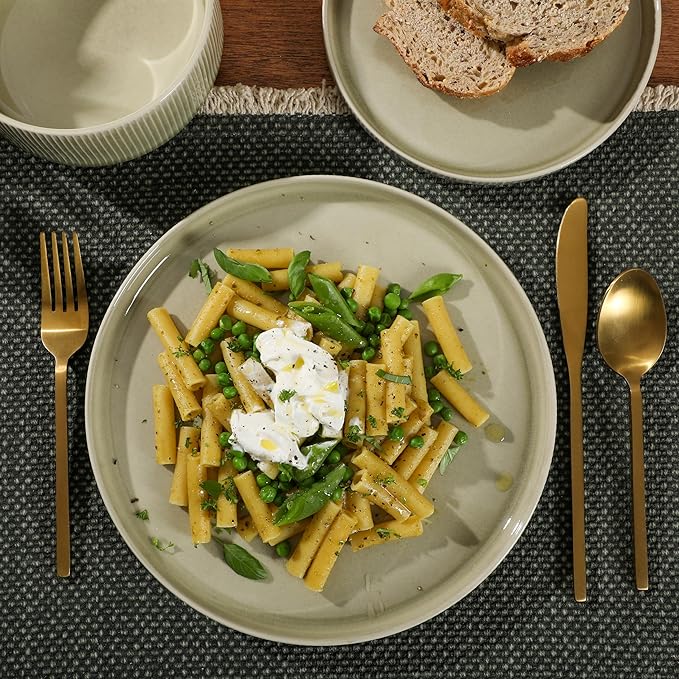 Gibson Elite Solana Coast 12 Piece Stoneware Reactive Glaze (Service for 4) Ceramic Plates and Bowls Modern Shape Embossed Dinnerware Set - Green