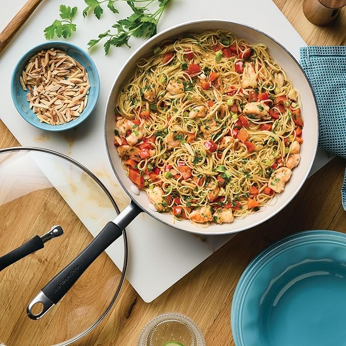 Rachael Ray Cucina Ceramic Nonstick Stir Fry Pan and Lid, 11 Inch Non Stick Wok Pan, Dishwasher Safe - Peppercorn