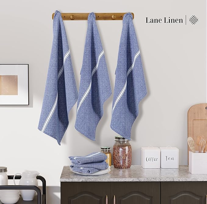Lane Linen Kitchen Towel Set, 6 Pack 100% Cotton Hand Towels For Kitchen, Dish Towels For Drying Dishes, Lint Free, 14"x25", Good For Cleaning Windows, Ceramic Surface, Glass Stovetops - Blue Chambray