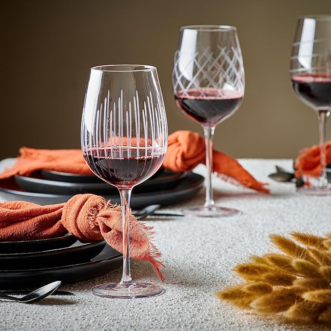 Cordial Glasses Set of 4-16oz. Clear Etched Red and White Unique Long Stem Wine Glass Cups for Alcohol Party, Wedding, Home