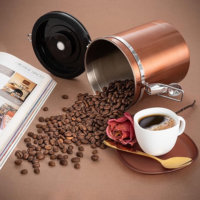 Mixpresso 16 Oz Copper Coffee Canister, Stainless Steel Airtight Coffee Container, Ground and Bean Storage with Date Tracker, Vacuum Sealed Espresso Airtight Container, Sugar Container