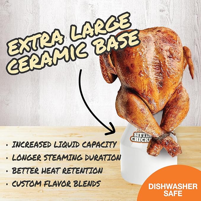 Ceramic Beer Can Roaster with 4 Steam Holes for More Flavor-Fat Boy Sittin' Chicken Marinade BBQ Cooker- Extra Wide Base Holds Full Chicken-Great for Xmas Meal Prep & Holiday Parties-Grill & Oven Safe