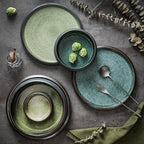 Uaral Dinner Plates,10.5inch Ceramic Plates Salad Plates Two-Tone Color Glaze Kitchen Serving Dishes,Set of 2(Texture Black and Green)