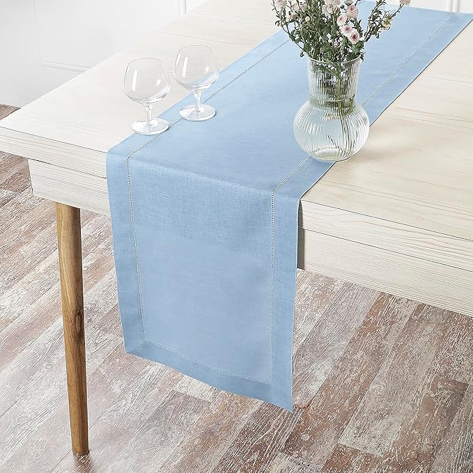 D'Moksha Homes Linen Powder Blue Table Runner 36 Inches - 100% Pure Linen Small Table Runner 14 x 36 Inch Ideal for Dresser, Coffee Tables, Fall and Halloween - Classic Hemstitch - Classic Hemstitch