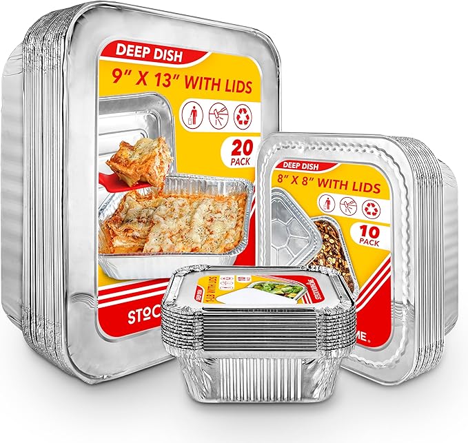 Stock Your Home Disposable Foil Pans with Lids (Set of 40) Heavy Duty Aluminum Pans with Lids (20) 9x13, (10) 8x8, (10) 1-Lb Baking Tins with Covers for Cooking, Heating, Storing, Holiday Dinner Meals