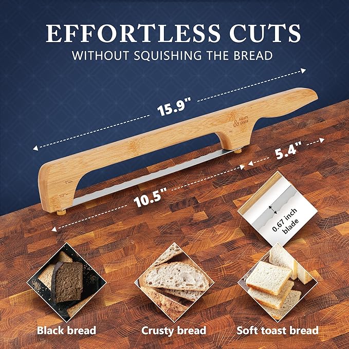 Albert&Grace Bread Bow Pro Knife – Serrated High-Carbon Blade with Sheath & Extra Blade, Thumbscrew Mount for Easy Swap, Right- or Left-Hand Use, Ideal for Sourdough & Bagels