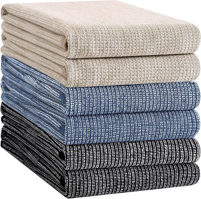 Homaxy Premium Kitchen Towels(18”x 28”, 6 Pack), Large Cotton Kitchen Hand Towels, Flat and Terry Dish Towels, 380 GSM Highly Absorbent Tea Towel Set with Hanging Loop, Navy Blue/Khaki/Black