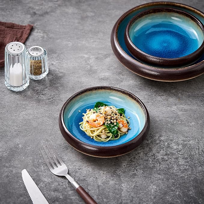 Ceramic Dinner Plates Set of 4, 6 Inch Large Porcelain Pasta and Salad Plates, Stoneware Plate Set for 4, Handmade Round Dishes for Home Decor, Microwave,Oven,and Dishwasher Safe, Blue