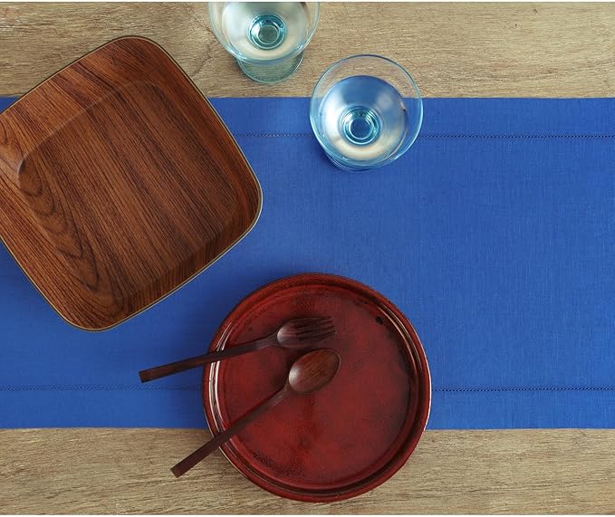 Solino Home Linen Royal Blue Table Runner 36 Inches - Classic Hemstitch, 100% Pure Linen Coffee Table Runner 14 x 36 Inch Ideal for Dresser Tables - Summer