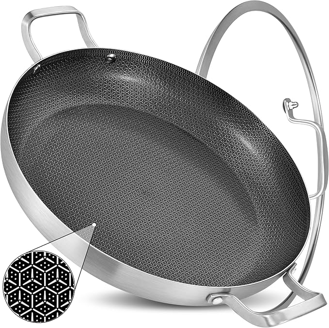 Inqibee 14-Inch Hybrid Tri-Ply Stainless Steel Paella Pan with Lid,Ceramic Non Stick Large Skillet,Induction Cooking Pan,Anti-Scratch,Dishwasher and Oven Safe
