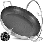 Inqibee 14-Inch Hybrid Tri-Ply Stainless Steel Paella Pan with Lid,Ceramic Non Stick Large Skillet,Induction Cooking Pan,Anti-Scratch,Dishwasher and Oven Safe