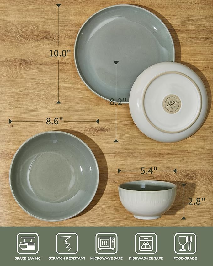 32 Piece Double Bowl Dinnerware Sets with Pasta Bowls, Highly Chip and Crack Resistant Plates and Bowls Sets, Natural Earthyware Ceramic Dishware Sets, Service for 8 Gradient Green