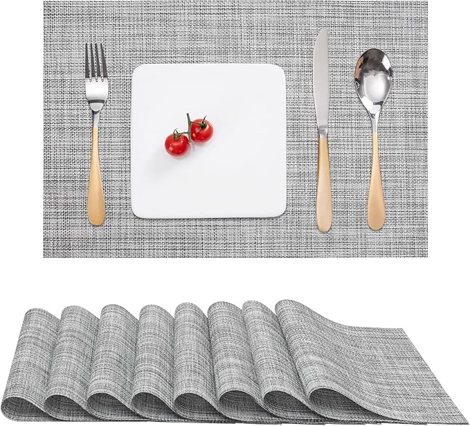 Myir JUN Placemats Set of 8, Vinyl Woven Placemats Place Mats Indoor Set of 8 Washable Table Mats Non-Slip Place mats for Dining Table (Light Gray, Set of 8)