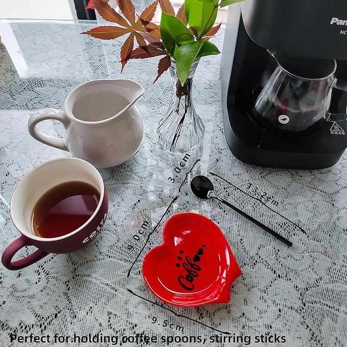 Heart-shaped Coffee Spoon Rest, Mini Coffee Spoon Holder, Small Ceramic Spoon Rest for Coffee Stirrers, Teaspoon, Bar Spoon, Coffee Bar Accessories, Coffee Station (Red+black spoon)