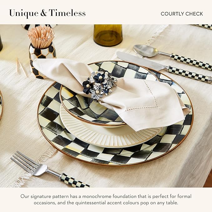 MACKENZIE-CHILDS Enamel Round Tray, Unique Serving Platter for Food and Drinks, Black-and-White Courtly Check