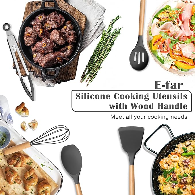 E-far Gray Silicone Cooking Utensils Set, 10-Piece Kitchen Utensils Set with Wooden Handle for Nonstick Cookware, Heat Resistant Kitchen Nonstick Tools Spatula Whisk Tongs Ladle, Non-toxic & Healthy