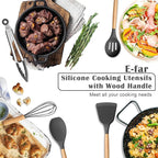 E-far Gray Silicone Cooking Utensils Set, 10-Piece Kitchen Utensils Set with Wooden Handle for Nonstick Cookware, Heat Resistant Kitchen Nonstick Tools Spatula Whisk Tongs Ladle, Non-toxic & Healthy