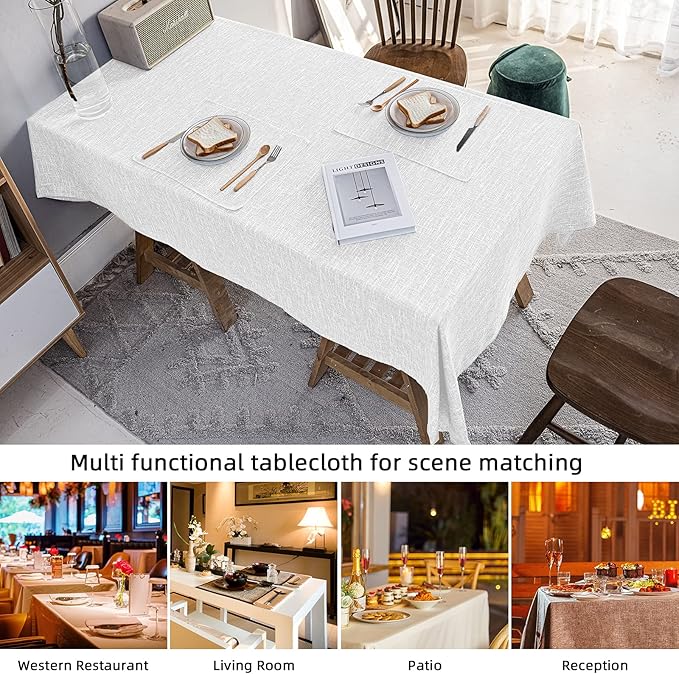 Waterproof Cotton Linen Thick Tablecloths Rectangle Dining Table Cloth, Wipe Clean & Water Resistant Table Cover for Kitchen Party and Banquets, Washable（54"x144" Length） White